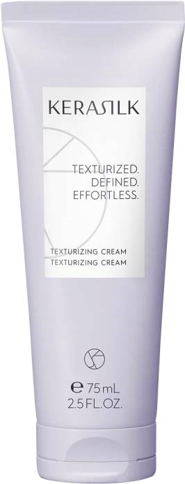 Eine weiße Tube mit Kerasilk Texturizing Cream, Produktdetails und Volumenangaben auf der Verpackung.