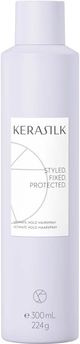 Weiße zylindrische Dose mit 'KERASILK' für Haarspray, enthält 300 ml, zum Halten und Sprühen von Haartonprodukten.