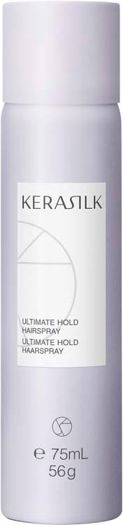 Eine weiße Haarsprühdose mit Aufkleber, der 'Kerasilk Ultimate Hold Hairspray' und 75mL Größe sagt.