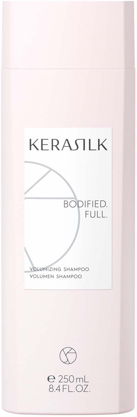 A tall, white bottle with a label showing the brand 'KERASILK' and words 'VOLUMIZING SHAMPOO' and '250 mL'.