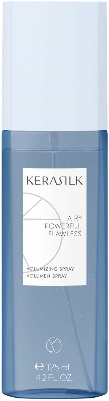 Eine lange, blaue Sprühflasche mit weißem Deckel, gekennzeichnet mit KERASTASE Airy Powerful Flawless Volumizing Spray.