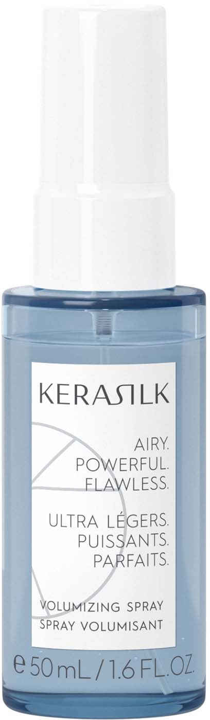 Een blauwe fles met witte spraydop, gelabeld Kerasilk, 50 ml, voor haarstyling.