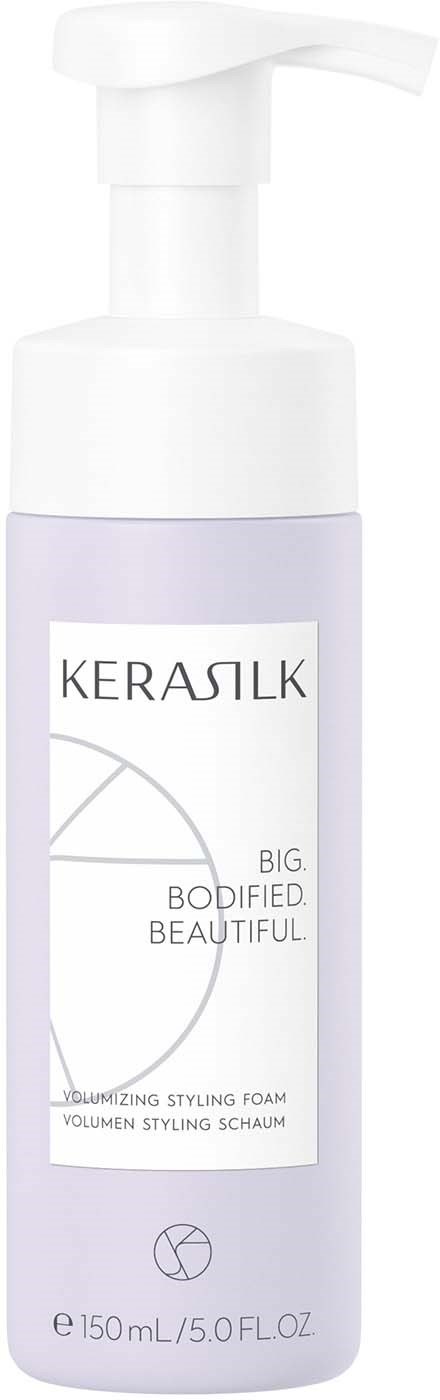 Eine weiße und lavendelfarbene Pumpflasche mit 'KERASIK' Beschriftung und Text über Volumen Styling Schaum.