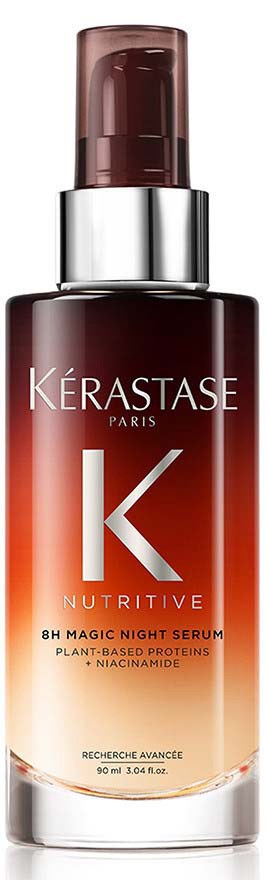 A dark red bottle with a pump, labeled Kérastase Nutritive 8H Magic Night Serum, contains plant-based proteins and niacinamide.