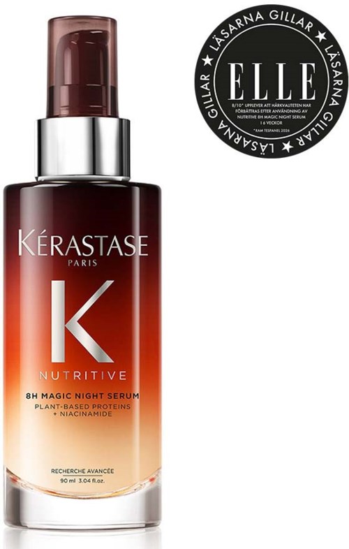 A bottle of Kérastase Nutritive night serum with a pump, black, orange, and white colors, and a circular black logo.