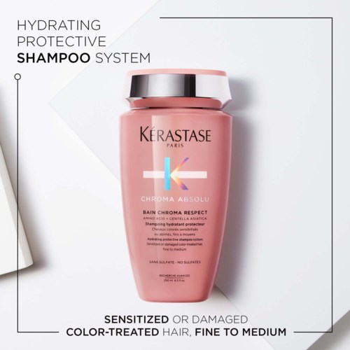 Roze flacon shampoo met zilveren dop, label 'Kérastase Paris,' voor gekleurd of beschadigd haar.