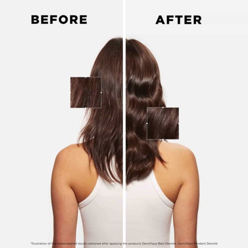 Het haar van een vrouw voor en na behandeling, dat glanzender en gladder lijkt.