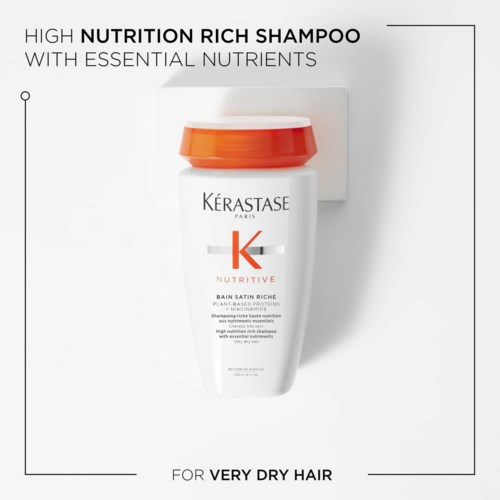 Shampoo fles met oranje dop, label geeft aan dat het voor erg droog haar is, bevat voedingsstoffen, rijk aan voedingsstoffen, van Kerastase.