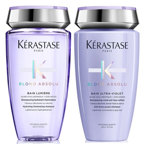 Två flaskor Kérastase Blond Absolu hårschampo, ett för ljust hår och ett för violett tonat hår.