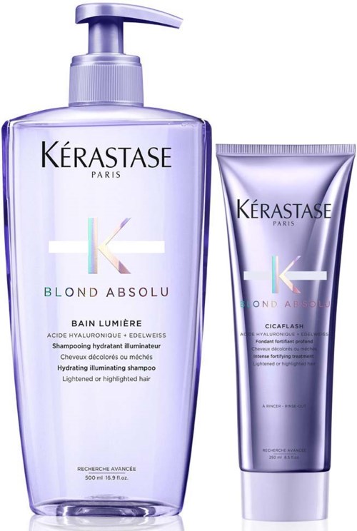 Two hair care products from Kérastase, one large bottle with pump and one smaller tube, in purple packaging.