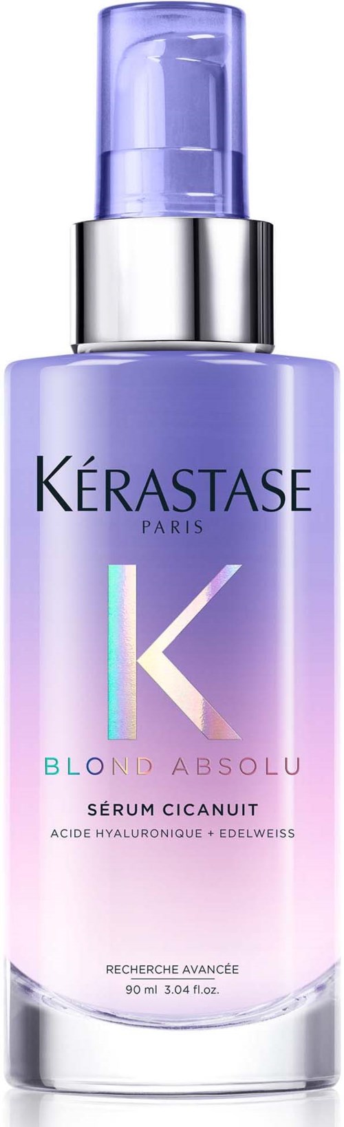 Een paarse fles met spraydop, gemarkeerd Kérastase Paris, bevat Blonde Absolu haarserum.