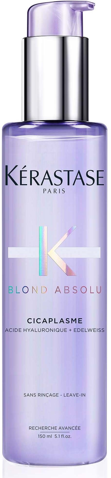 A purple bottle of Kérastase hair treatment with a pump, labeled 'Blond Absolu.'