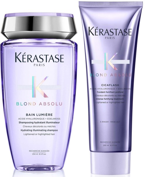 Two hair care products in purple containers from Kérastase, for highlighted and lightened hair.