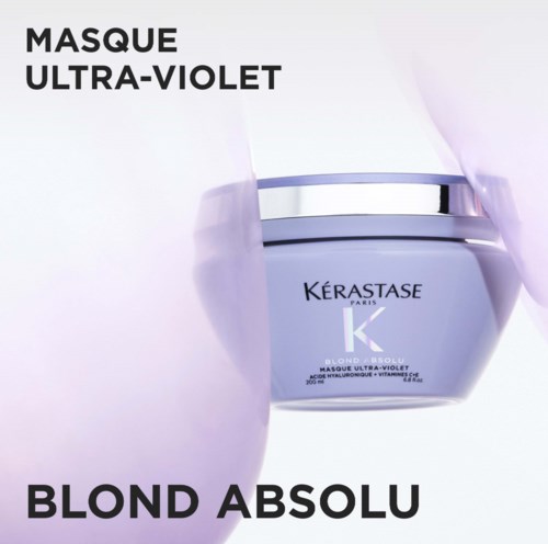 A skincare product named Kerastase Blond Absolu Ultraviolette mask, designed for blonde hair, with purple-colored packaging.