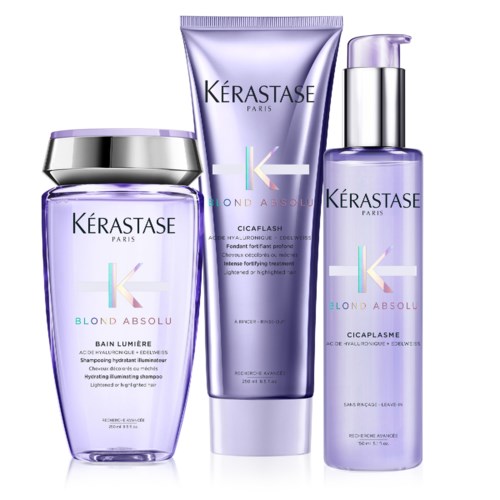 En serie med lilla sjampo, balsam og behandlinger fra Kérastases Blond Absolu-linje.