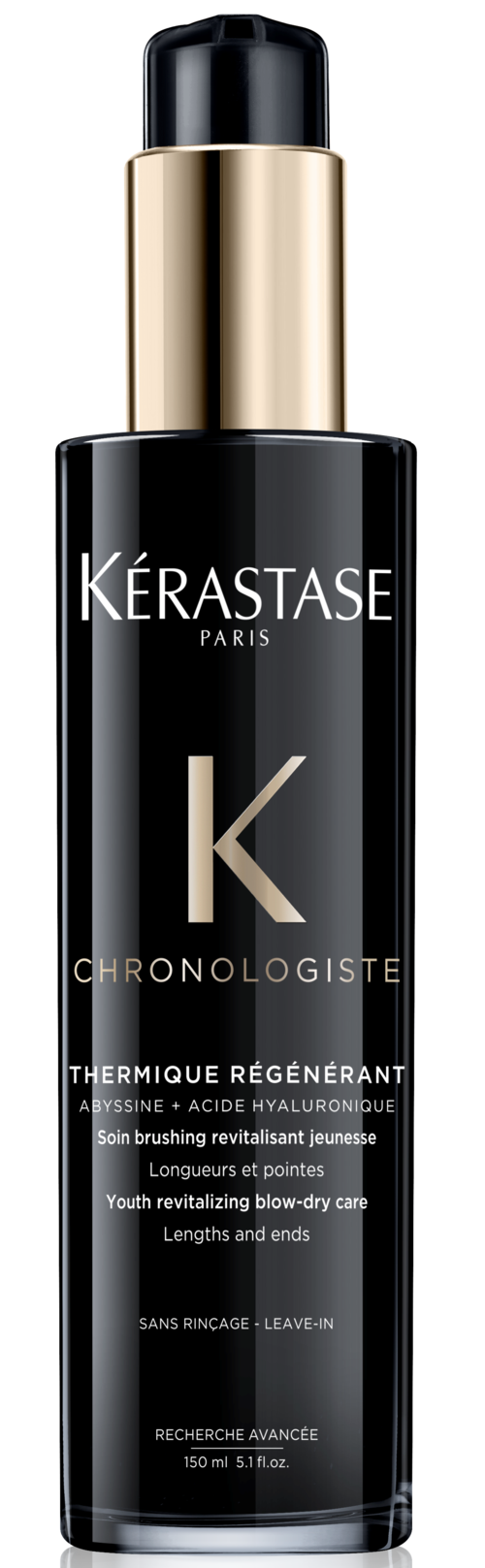 Een zwart-gouden fles met de merknaam 'Kérastase' en woorden zoals 'Thermo Regenerant' en 'Youth revitalizing.'