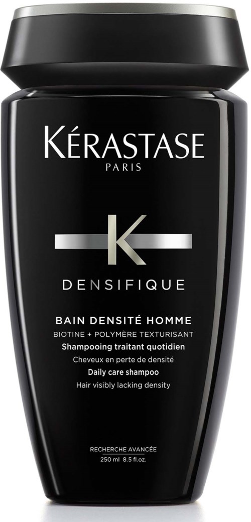 Zwarte shampoo fles, merk Kérastase Densifique voor mannenhaar, 250 ml. Verhoogt volumekracht.