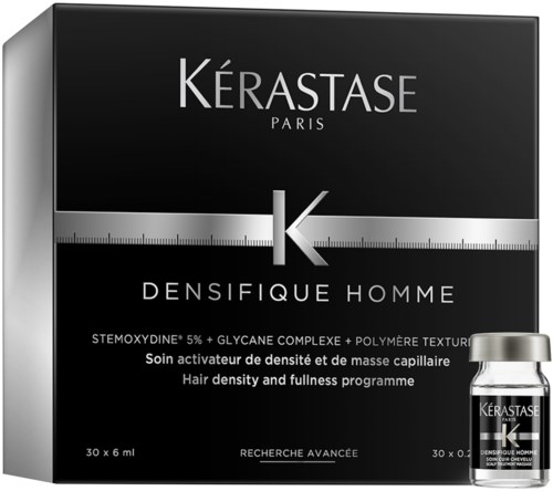 Kérastase Densifique Homme is a hair product that boosts hair density and fullness, with a small bottle included.