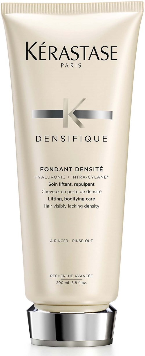 Een beige fles met zilveren deksel bevat Kerastase Densifique haarverzorgingsproduct, vermeldt lifting en dichtheid.