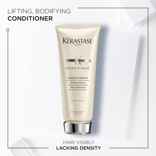Tube Kérastase Densifique conditioner voor haar dikte, met branding en productgegevens op een witte achtergrond.