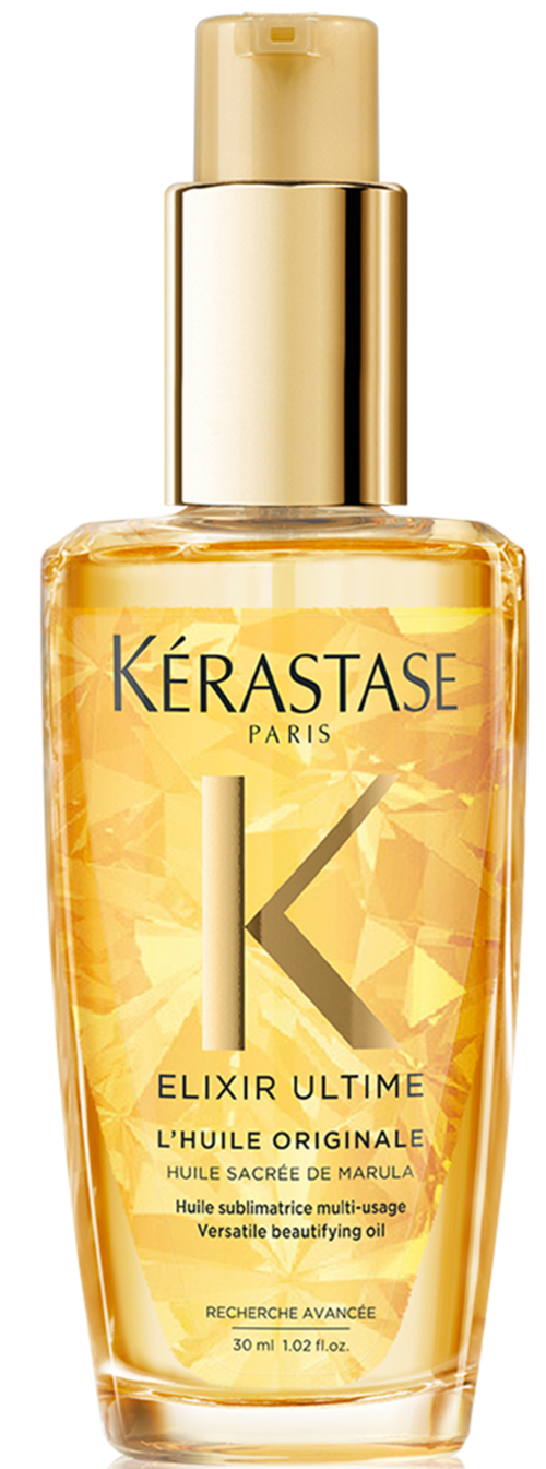 En guldfärgad flaska med pump, märkt Kérastase Elixir Ultime hårolja, har en geometrisk bakgrundsdesign.