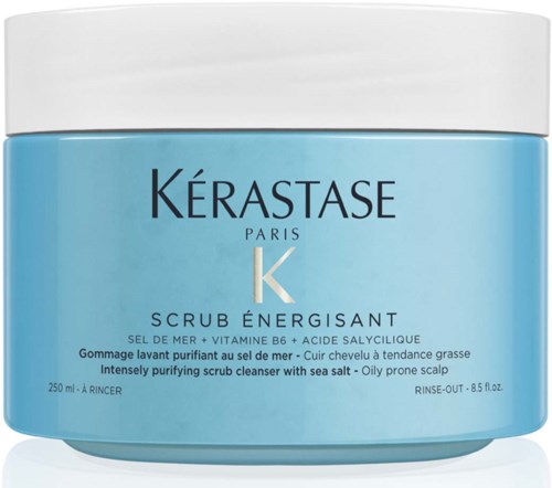 Sininen purkki Kérastase Scrub Énergisant, valkoinen kansi, sisältää merisuolaa, rasvaisen päänahan hoitoon, 250 ml.