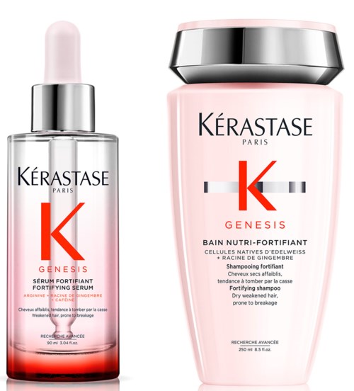 Twee haarverzorgingsproducten van Kérastase Genesis: versterkend serum en versterkende shampoo, roze en zilveren flessen.