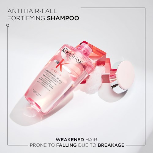 Een roze shampoo fles met witte dop, label toont dat het haar versterkt en haarverlies voorkomt.