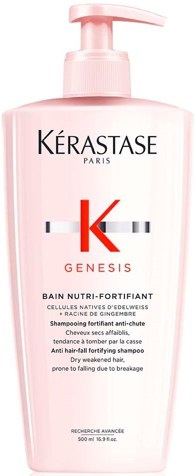 Liten rosa flaska med Kerastase Genesis schampo för svagt, fallande hår, med pump och svart, röda och vita texter.