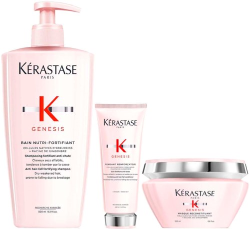 Tre rosa Kérastase Genesis hårvårdsprodukter: en stor pumpflaska, en tub och en burk med silverlock.