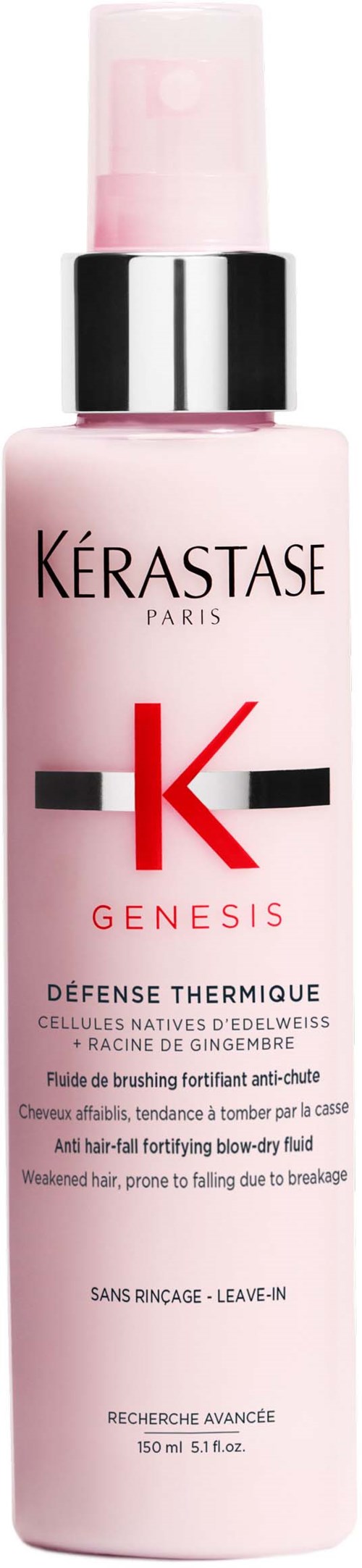 Een roze en doorzichtige sprayfles met zilveren bovenkant, gemerkt Kerastase Genesis voor haarverzorging.