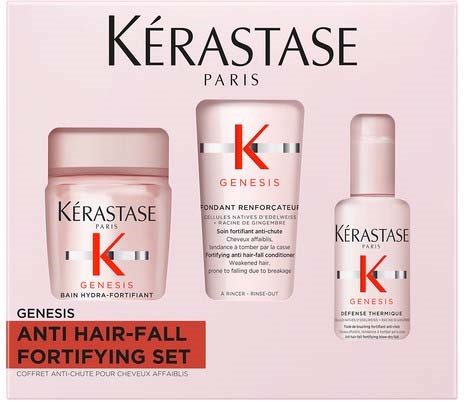 Kérastase Paris Genesis anti-hårfall styrkesett med sjampo, serum og hårpleieprodukter.