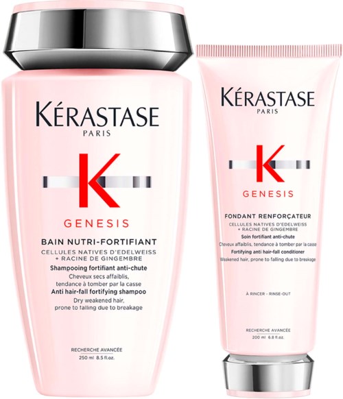 Twee haarverzorgingsproducten van Kérastase Paris in roze flessen, één is shampoo en de andere is conditioner.