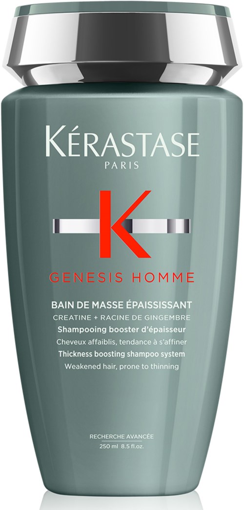 A green shampoo bottle with a silver cap, featuring red and white text and logo, for thinning hair.
