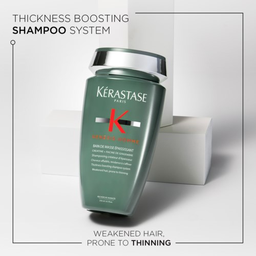 A green shampoo bottle with silver cap, labeled 'Kérastase Paris', highlights anti-thinning benefits for weak hair.