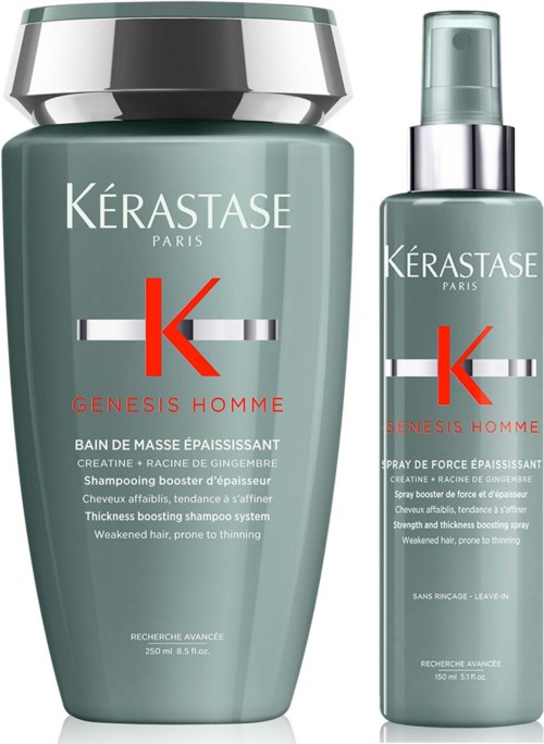A duo of hair care products from Kérastase Paris for strengthening and thickening hair, one large and one small bottle.