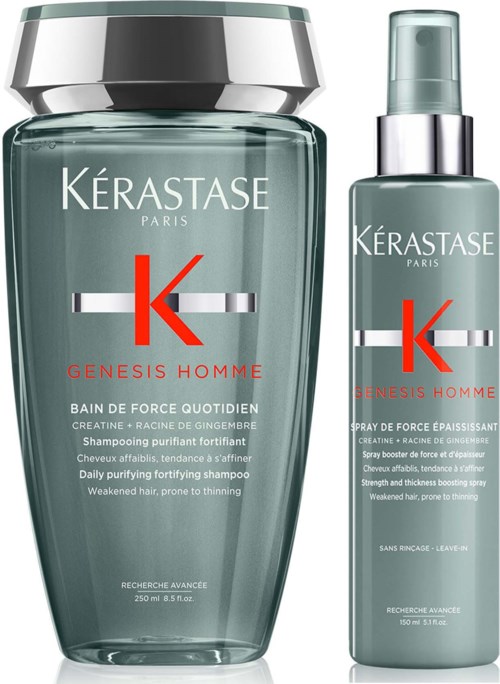 Two green bottles of men's hair care products, one large and one small, with silver caps and red 'K' logos.