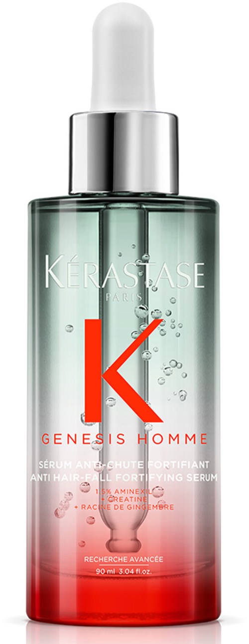 A clear bottle with a white dropper top, containing a liquid with bubbles, labeled 'Kérastase Genesis Homme' for hair.