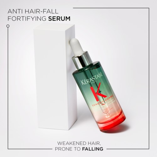 A hair serum in a glass bottle with a dropper, positioned against a white background. The label mentions it helps with hair fall.