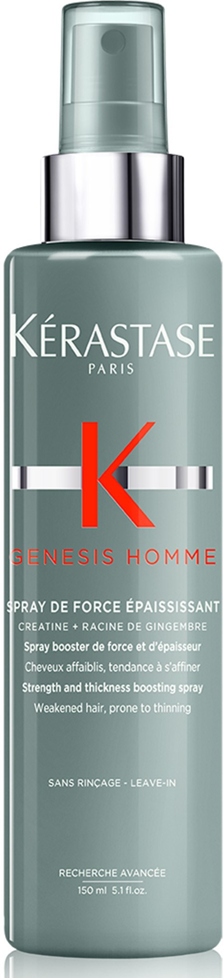 A teal spray bottle with red and white text, labeled Kérastase, designed for hair care and strengthening.