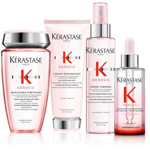 Fire hudpleieprodukter med Kérastase-logoen, hovedsakelig rosa og sølv, inkludert sjampo, serum og spray.