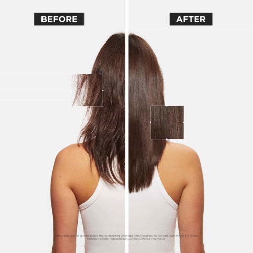 Een vrouw heeft langer, glanzender haar na haarbehandeling, getoond in een gesplitst beeld met 'Voor' en 'Na.'