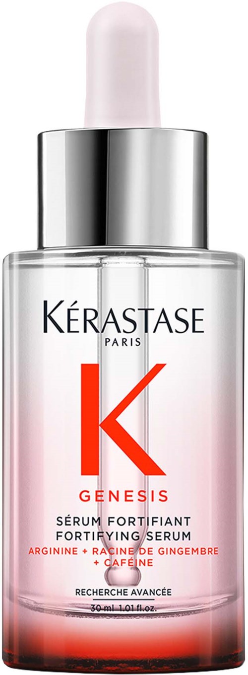 A pink and clear serum bottle with a white dropper cap, labeled KERASTE PARIS with a large red K.