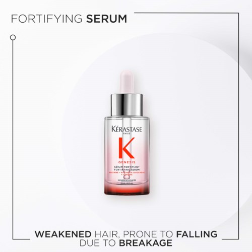 A skincare product labeled Fortifying Serum K for weakened hair prone to falling out. Clear bottle with a dropper cap.