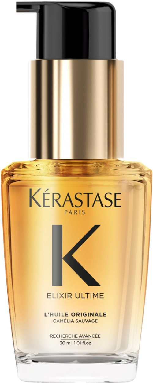 Een gouden fles met zwarte dop met Kerastase Elixir Ultime haarolie. Tekst op label beschrijft productdetails.