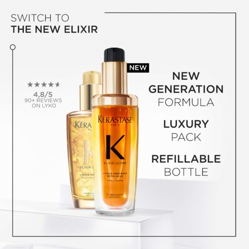Tekst en afbeeldingen van Kérastase Elixir-flessen die een nieuwe, luxe, navulbare formule promoten.