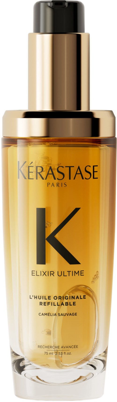 A golden bottle with a black pump, labeled Kérastase Elixir Ultime, designed for hair serum or oil.