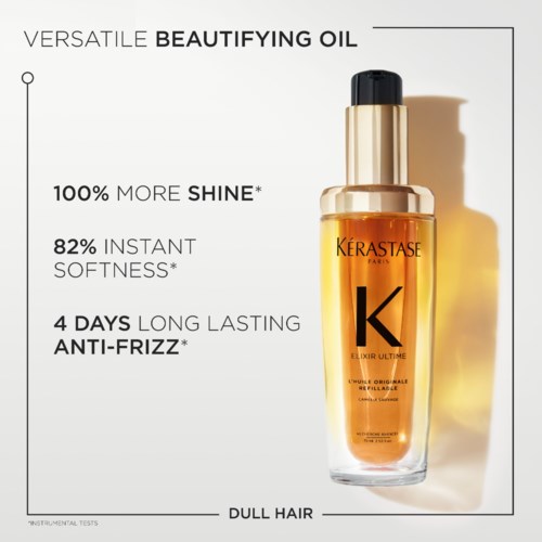 This is an ad for a hair oil called Kérastase Elixir Ultime. It promises more shine, softness, and long-lasting anti-frizz for dull hair.
