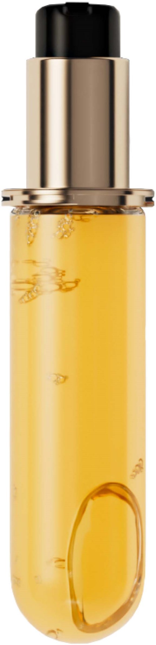 Kleine Glasflasche mit gelber Flüssigkeit und schwarzem Deckel, vermutlich für Parfüm oder ätherisches Öl.