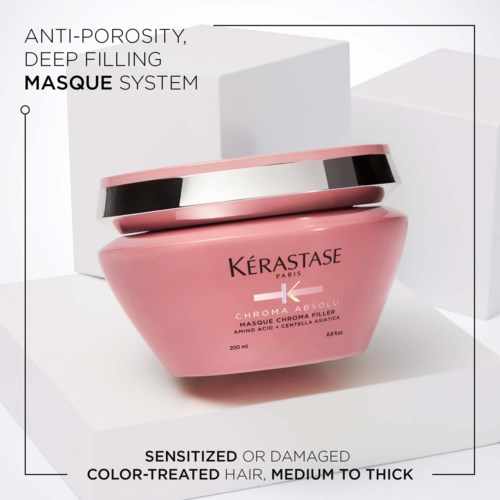 Roze haarmaskerpot voor beschadigd of gekleurd haar, 200 ml, anti-porositeit diepvullend systeem.